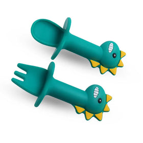 Baby Spoon Fork Set Silicone Feeding Spoon Kids Cutlery Cartoon Dinosaur Short Handle Teether Children Tableware