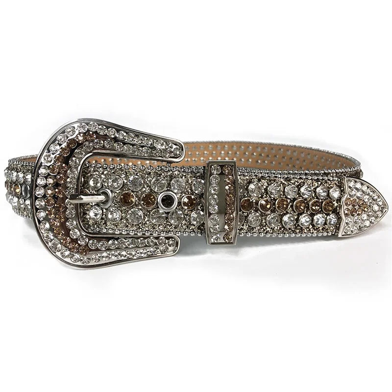 1.5" Wide Casual Western Cowgirl Cowboy Gold Rhinestone Shiny Top-Grade Full-Studded Leather Belt with Pin Buckle