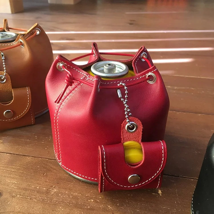 Genuine Leather Gas Tank Storage Bag Outdoor Travel Camping Accessories Gas Canister Protective Cover With Cute Pouch
