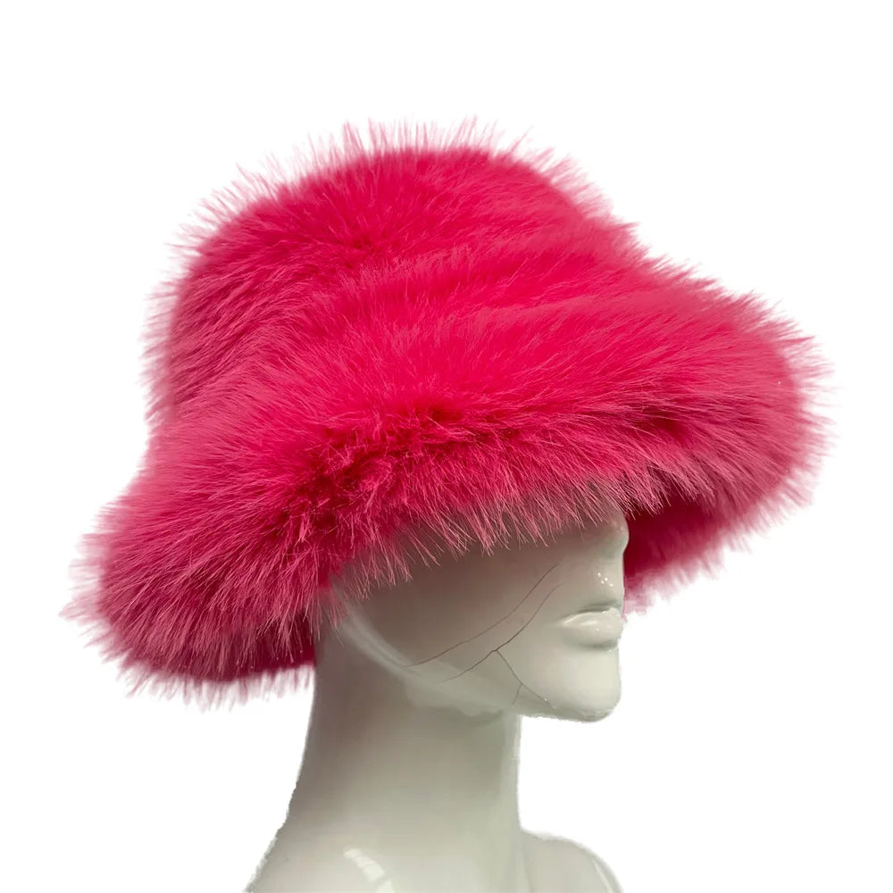 WoZhen Fashion Fluffy Wide Brim Cap Winter Bucket Hat for Women Faux Fur Sherpa Fuzzy
