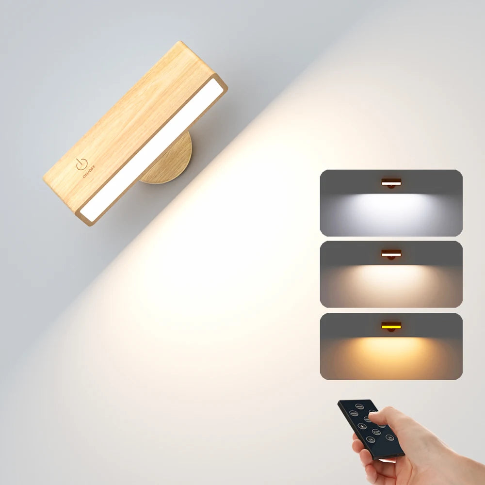 YiLaie LED Wall Sconces Rechargeable Black Walnut Battery Operated Wood Wall Lamp Indoor Cordless Wall Light for Bedroom Reading