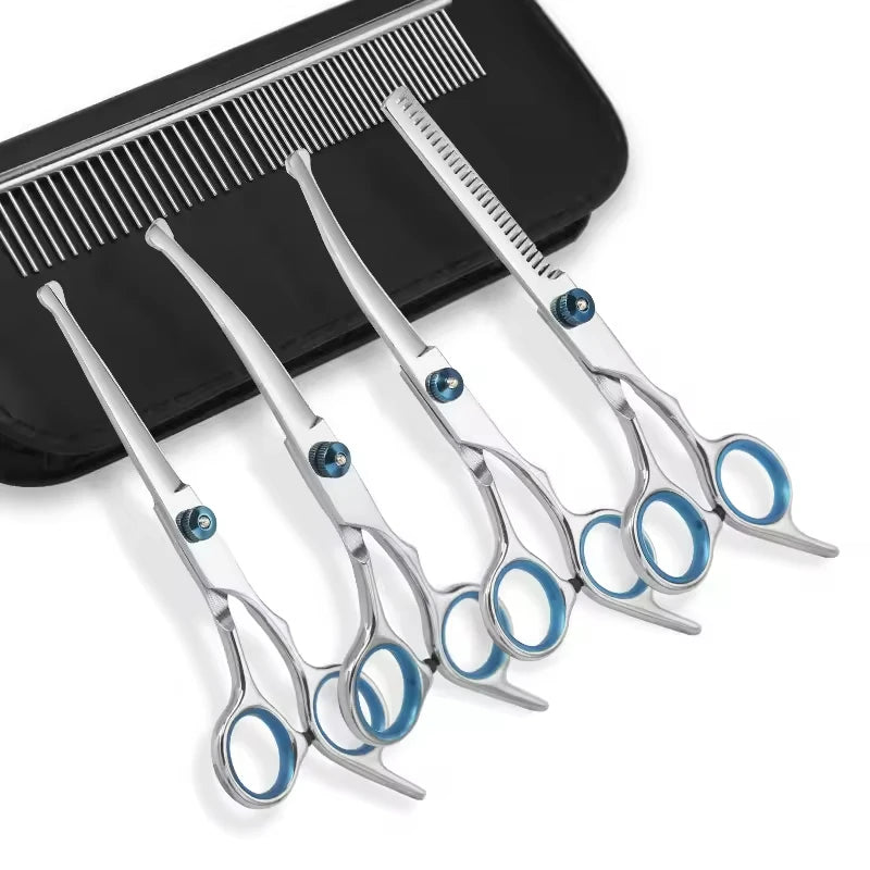 Custom Professional 6 Inch Pet Scissors Set Classic Dog Grooming Trimmer Straight Curved Thinning 4 PCS Stainless Steel Foldable