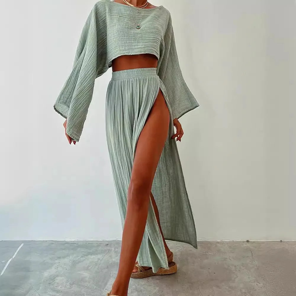 Holidays Fashion Style Crop Top With Long Skirts Suits Women Linen Two Piece Sets