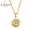 Ason Fashion Gold Color Charm Collars Gift Jewelry Necklace Stainless Steel CZ Zircon Eye Sun Pendant Necklace for Women
