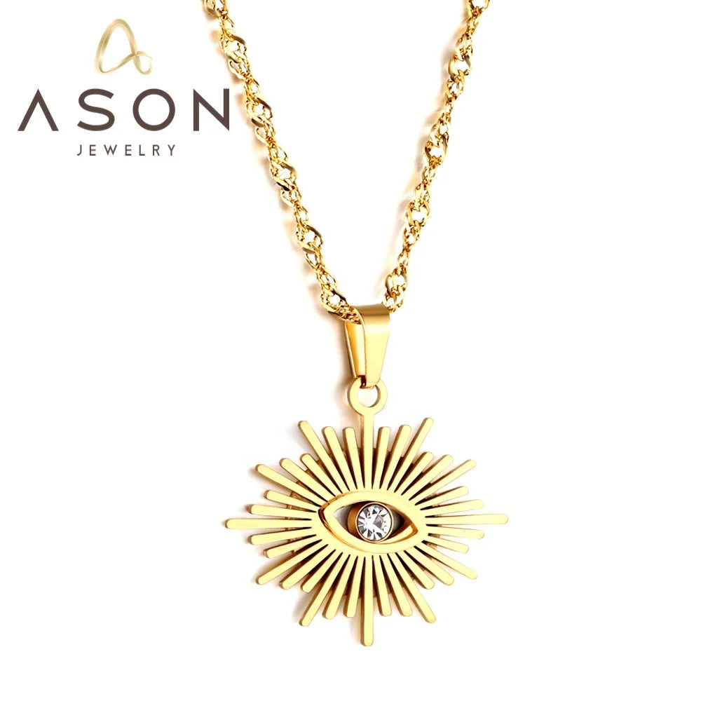Ason Fashion Gold Color Charm Collars Gift Jewelry Necklace Stainless Steel CZ Zircon Eye Sun Pendant Necklace for Women