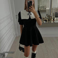 Low MOQ Wholesale Patchwork Color Contrast Women's Casual Fashionable Short Summer Dresses White Collar Black Dress