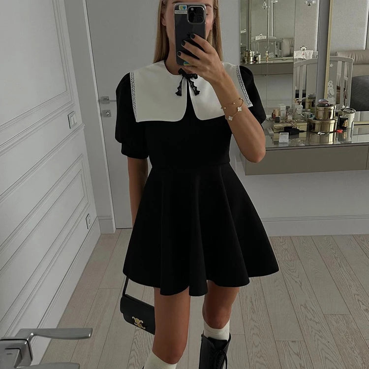Low MOQ Wholesale Patchwork Color Contrast Women's Casual Fashionable Short Summer Dresses White Collar Black Dress