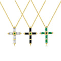 FUAMAY Silver 925 Cross Pendant Necklace Green Black White Emerald Coffee Baguette Stone Cross Statement Necklace Woman