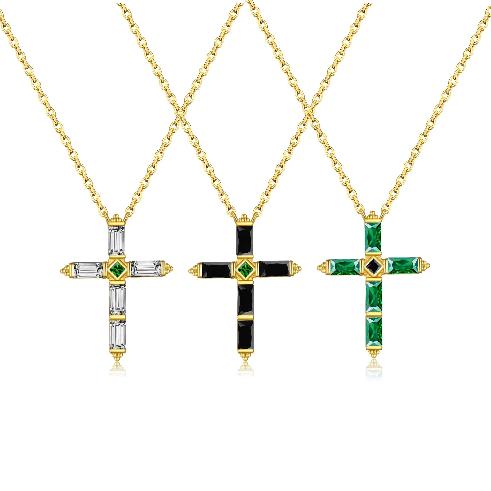 FUAMAY Silver 925 Cross Pendant Necklace Green Black White Emerald Coffee Baguette Stone Cross Statement Necklace Woman