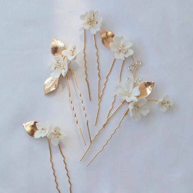 SLBRIDAL Handmade Alloy Ceram Flower Pearls Bridal Hair Pin Wedding Hair Sticker Women Bridesmaids Jewelry Hair Accessories