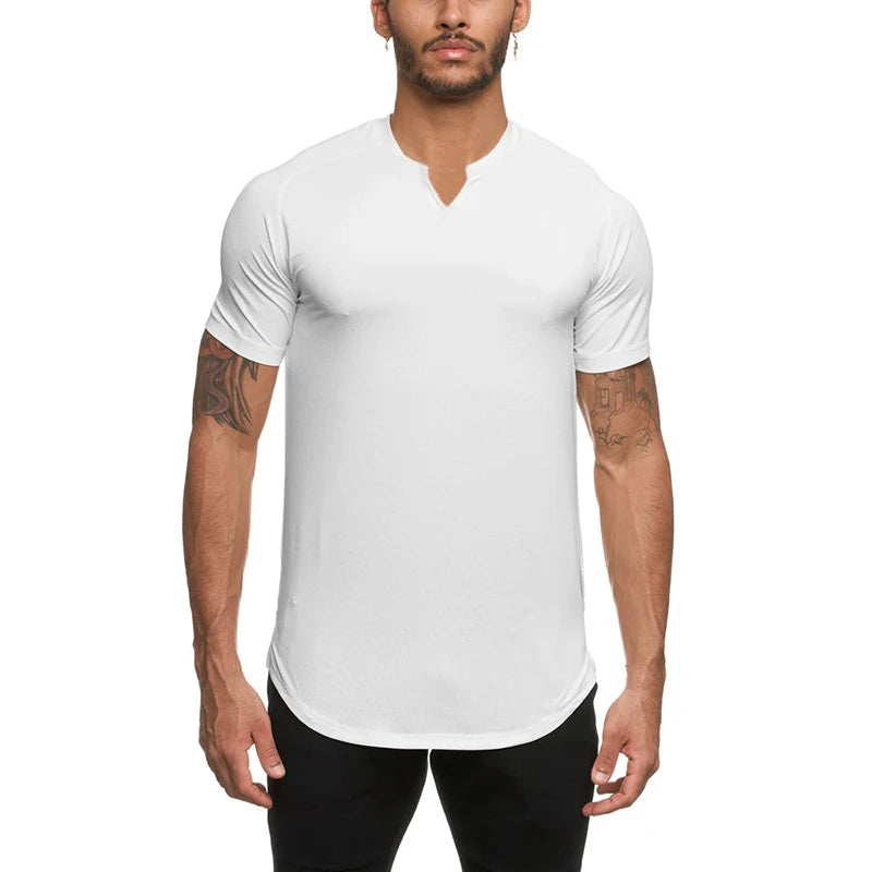 Quick Dry V Neck Fitness Tee Shirt Custom Logo Printing Sports Short Sleeves Men Highly Elastic Polyester Training Gym T Shirt