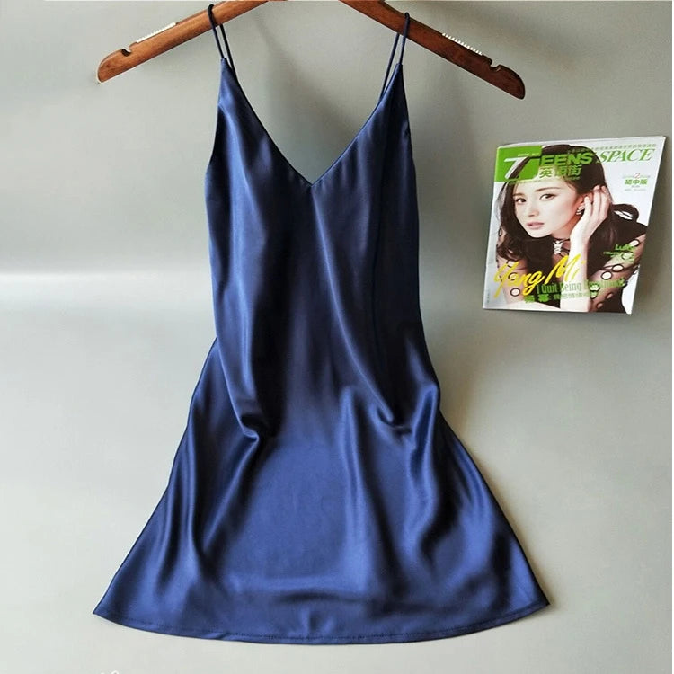 Cozy Sexy Halter Tops Nightgown Summer Sleeveless Satin Pyjamas Dress for Women with V-neck Silk Like Feeling