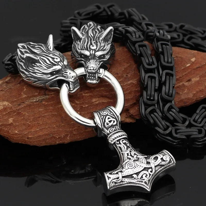 MECYLIFE IP Black Byzantine Chain King Chain Men's Classic Stainless Steel Wolf Necklace North Viking Thor Hammer Necklace