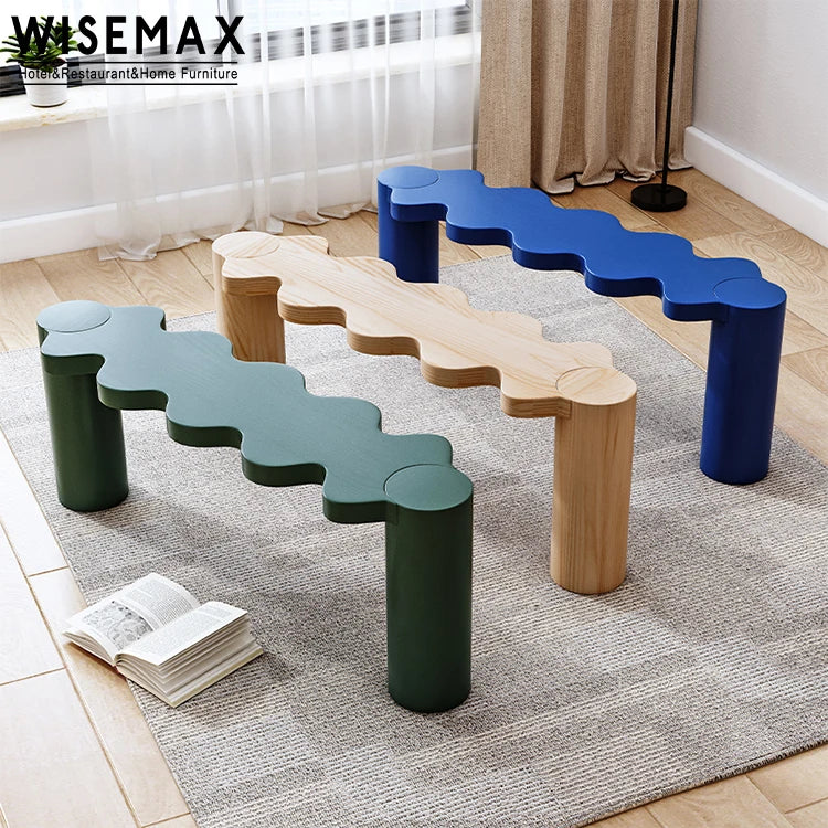 WISEMAX FURNITURE Modern Living Room Furniture Long Natural Wooden Foot Stool Wave Edge Solid Wood Frame Ottomans for Bedroom