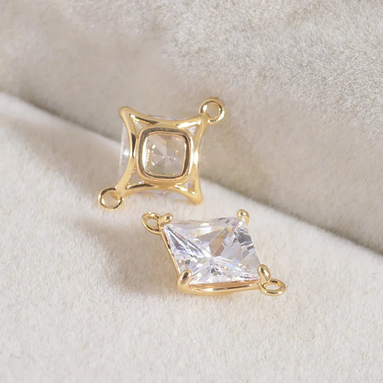 CZ Rhombus Connector Charm 18K Gold Plated Brass Clear Cubic Zirconia Charm Link Pendant Jewelry Making Supplies