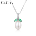 CZCITY Charm Cubic Zirconia Jewelry Silver 925 Sterling Pendent Woman Fresh Water Pearl Leaf Necklace
