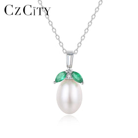 CZCITY Charm Cubic Zirconia Jewelry Silver 925 Sterling Pendent Woman Fresh Water Pearl Leaf Necklace