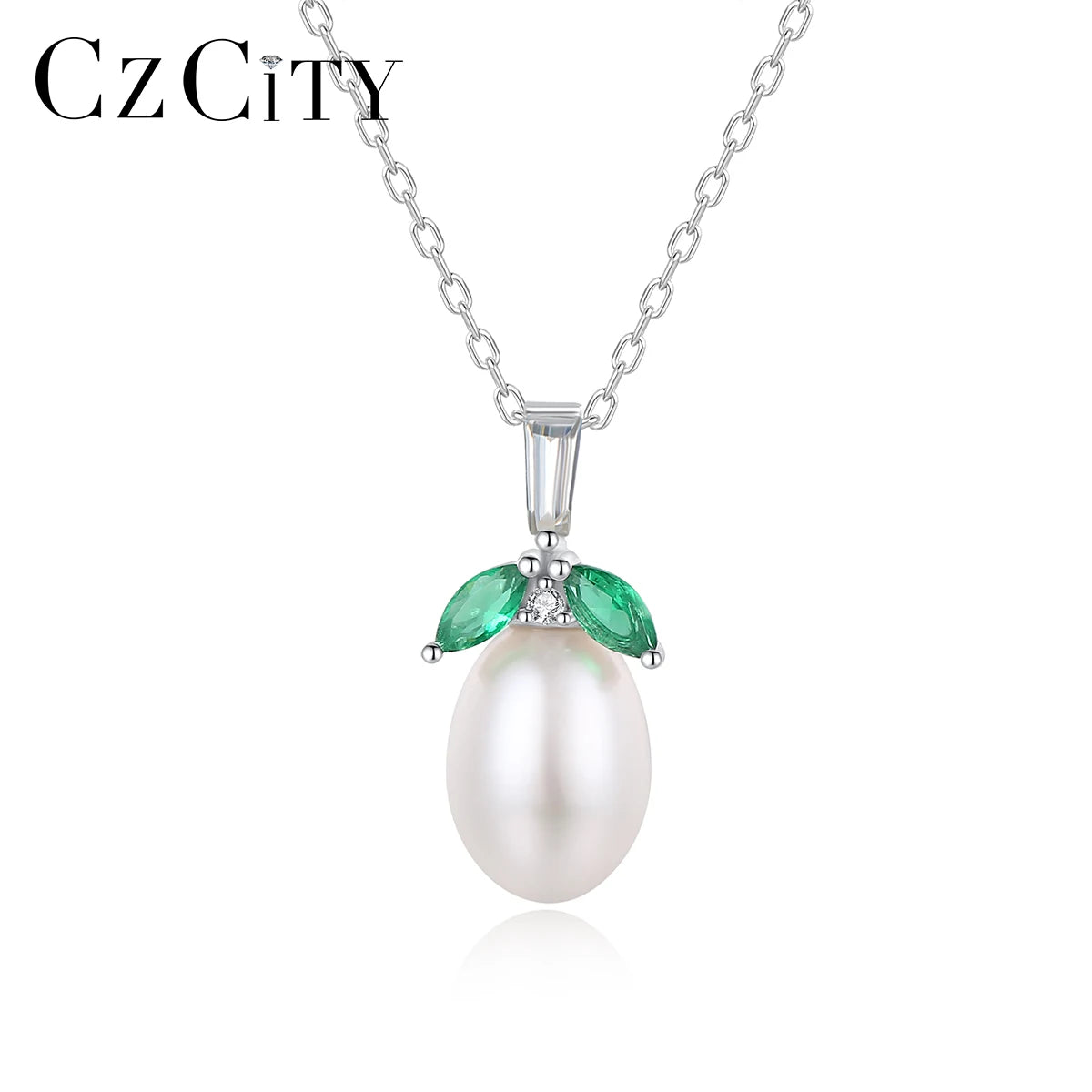CZCITY Charm Cubic Zirconia Jewelry Silver 925 Sterling Pendent Woman Fresh Water Pearl Leaf Necklace