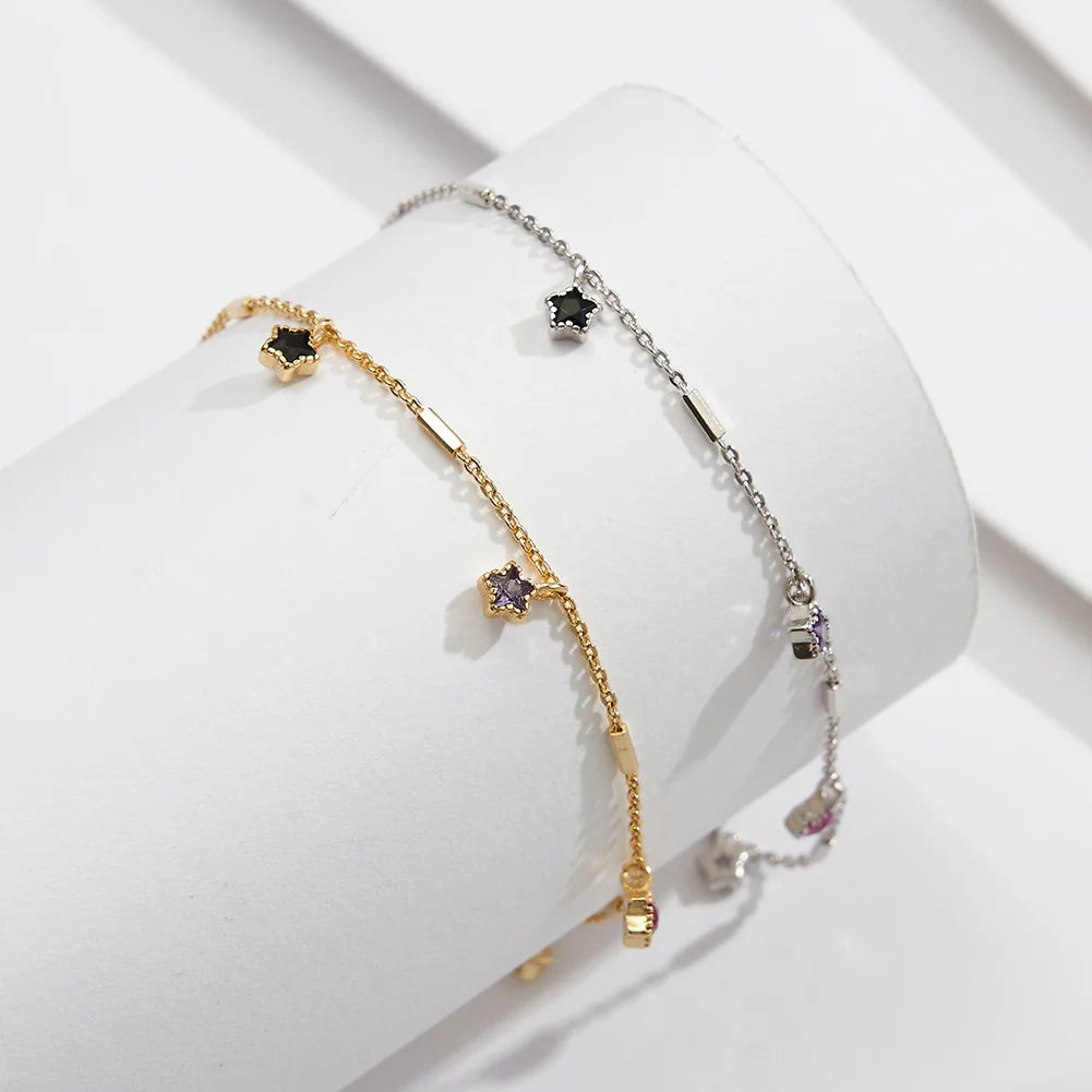 RINNTIN SA92 Minimalist Gold Plated 925 Sterling Silver Stars Shape Colorful Zircon Gemstone Anklet Bracelet Jewelry