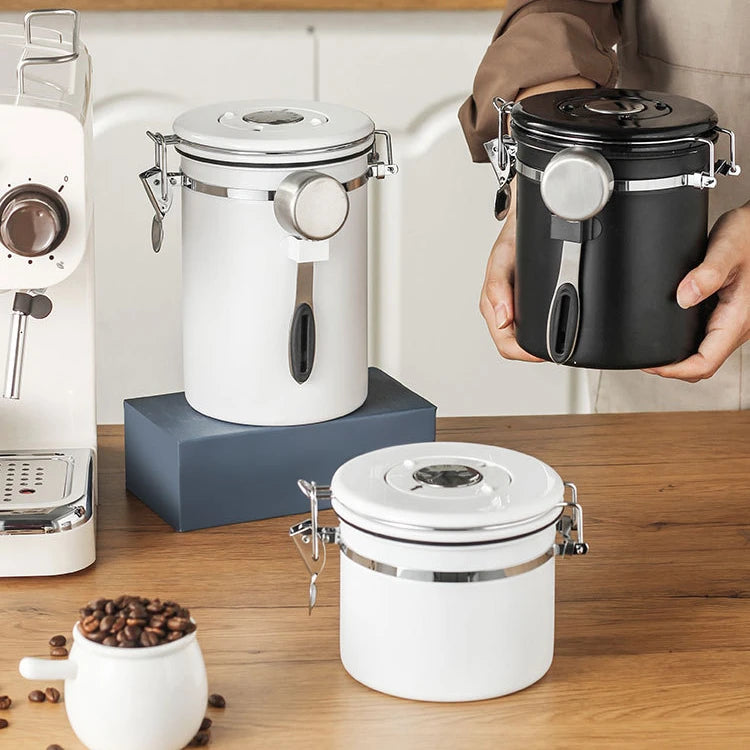 Manual 1500ml Stainless Steel Double-Wall Tea Coffee Bean Spice Storage Can with Lid Small One-Way Exhaust Valve for RV Use