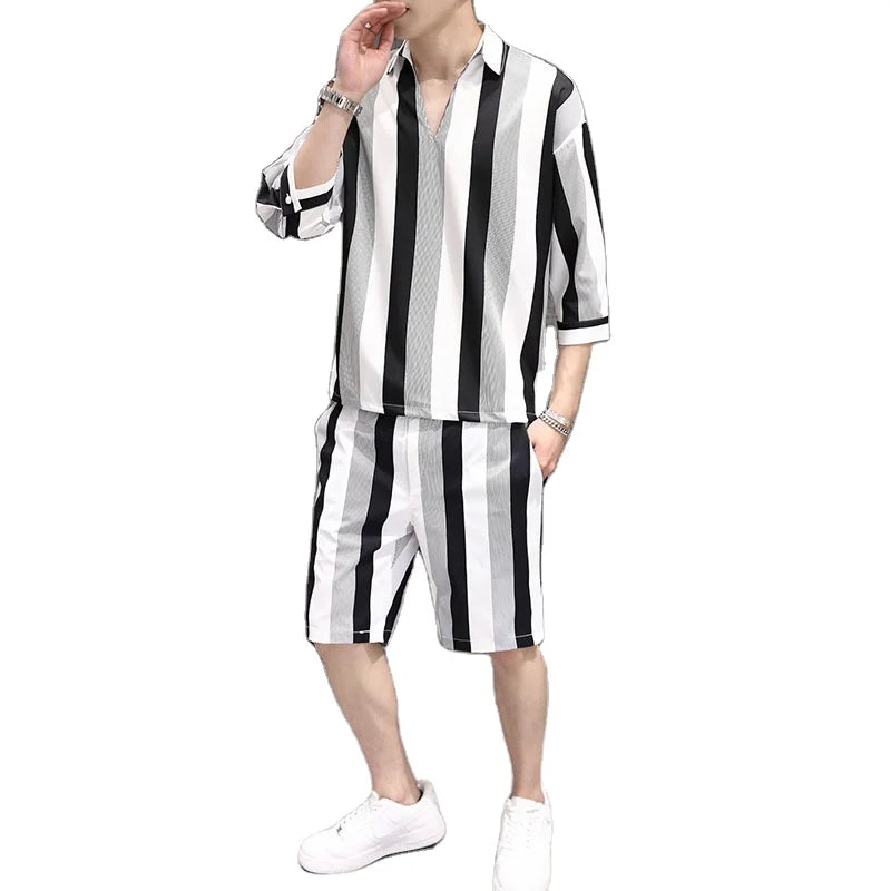 Men Summer Suits Streetwear Loose Short Sleeve Men Shirt and Shorts Set Beach Breathable 2 Piece Men Suits