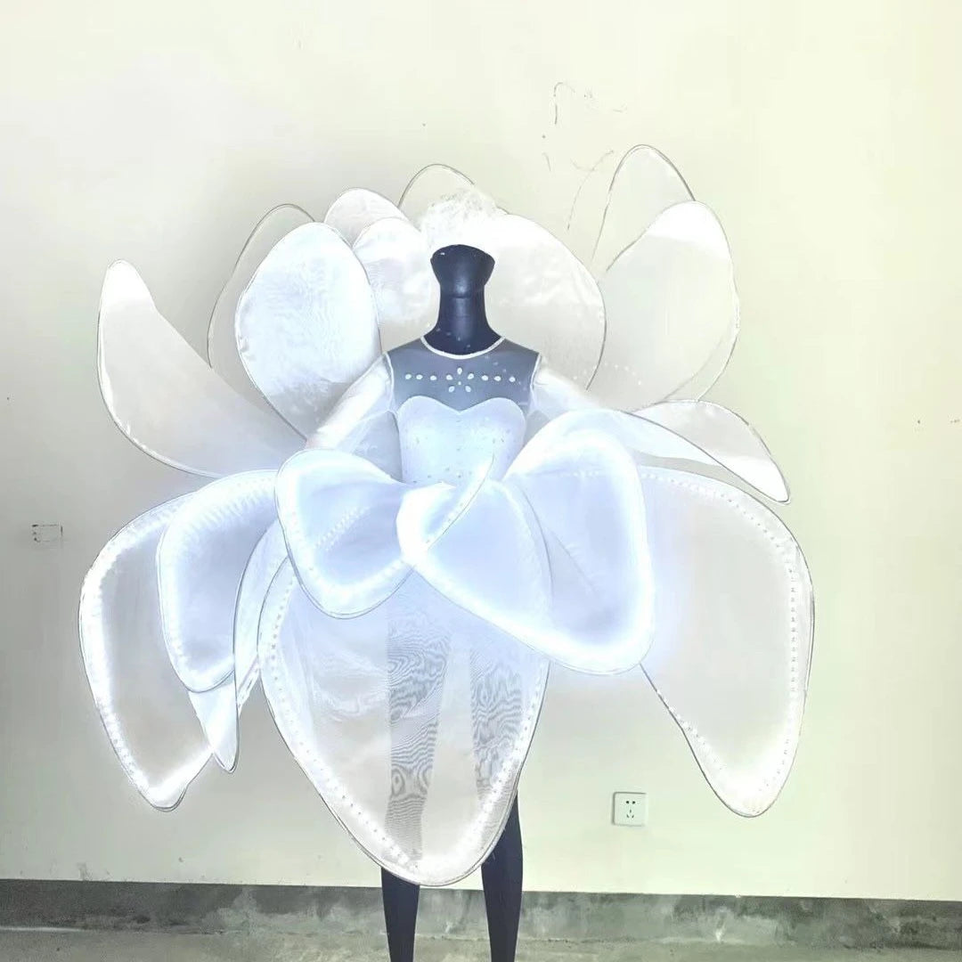 White Flower Dress with Led Light  for Openning Dance Stage Performance Costume Club Prom Dresses