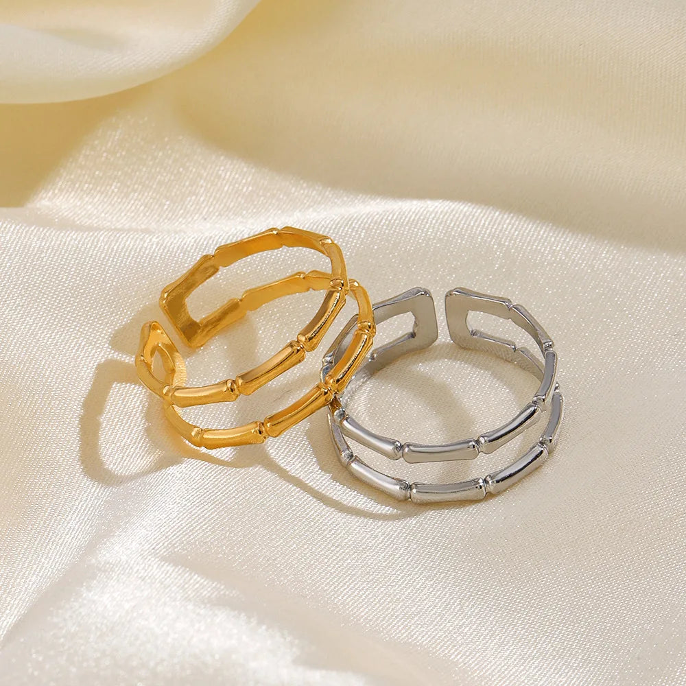 Fashion Jewelry Rings 18K Gold Plated Open Stainless Steel Double Bamboo Ring for Women YRS370