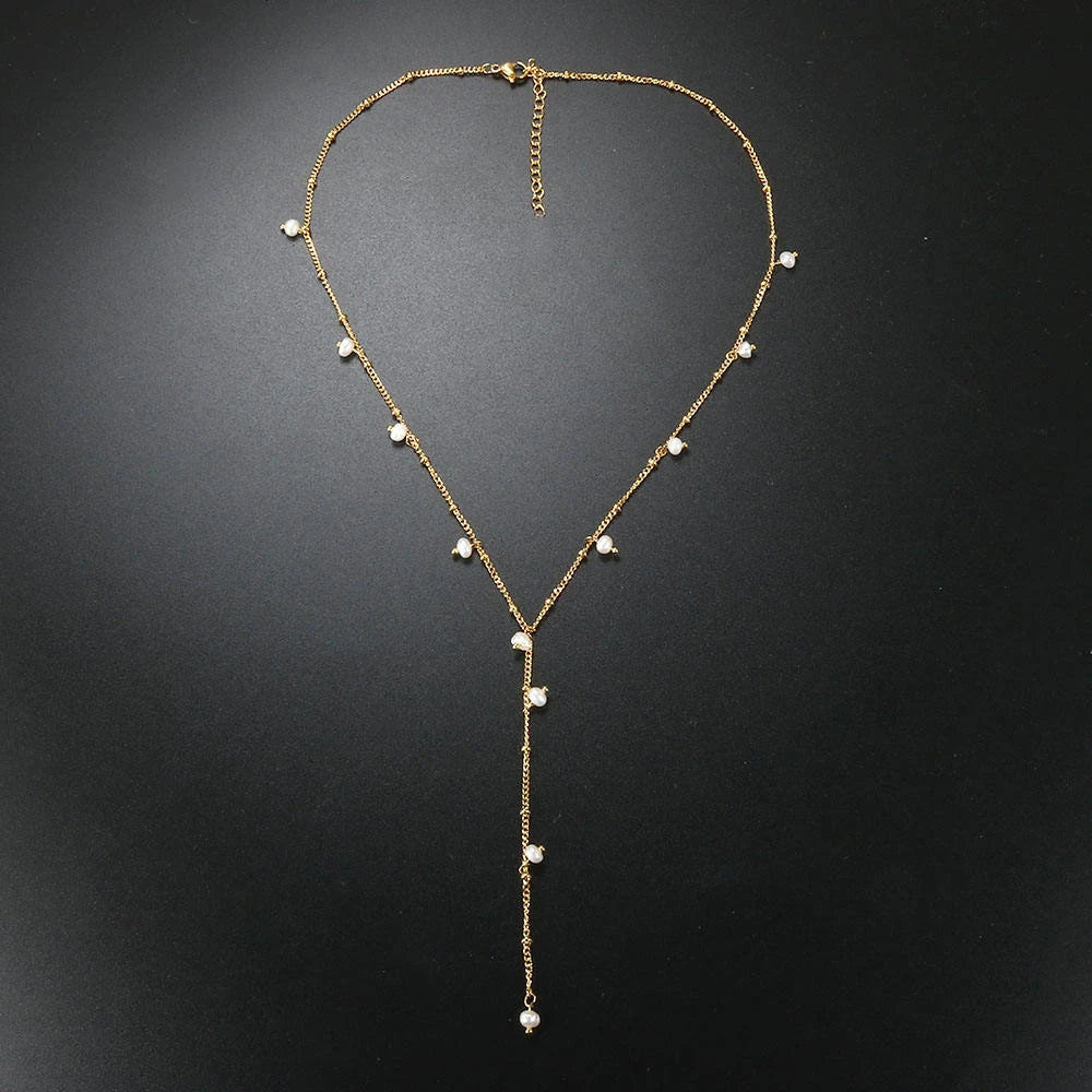 Freshwater Beads European Gypsophila Handmade Bead Necklaces Collarbone Y-shaped Tassel Titanium Steel 18K Gold Necklace