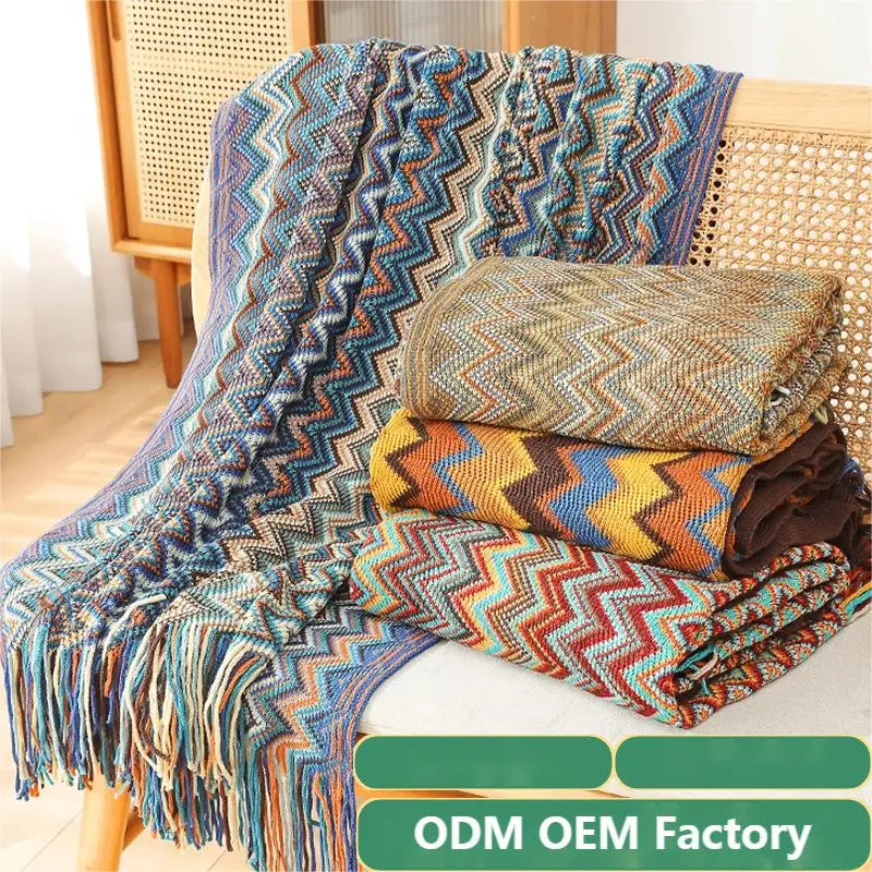 2026 Manufacturer Custom Sofa Throw Blanket Ethnic Soft Lounge Wrap Bohemian Geometric Knitted Blanket with Tassels