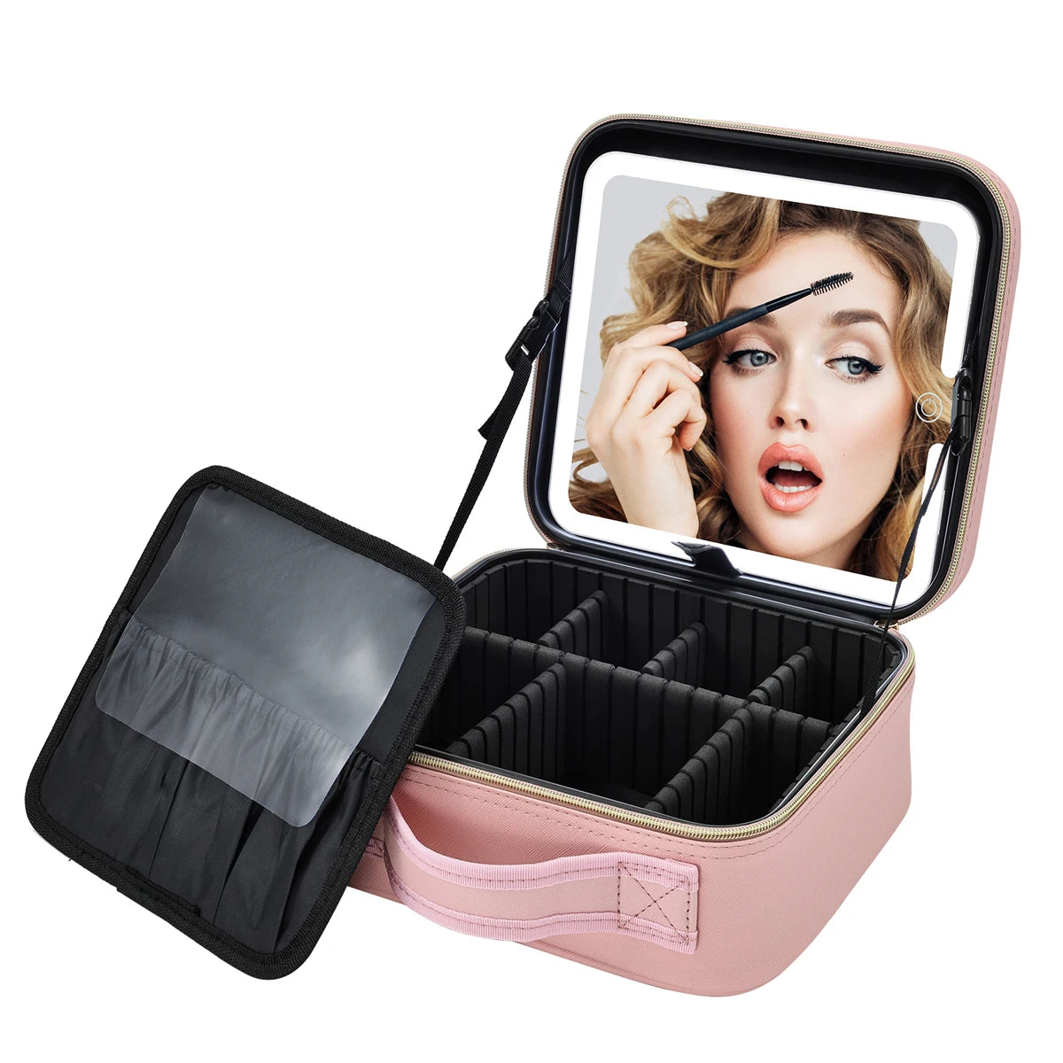 Large Capacity Makeup Case with LED Mirror Leather Makeup Travel Case with Brush Holder Adjustable Divider Cosmetic Makeup Box MegaBDM