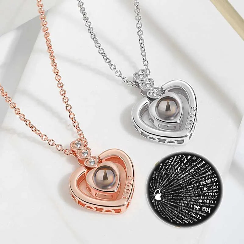 Hypoallergenic Valentines Day Gifts Rose Gold Love Heart Projection Necklaces I Love You 100 Languages Heart Projection Necklace