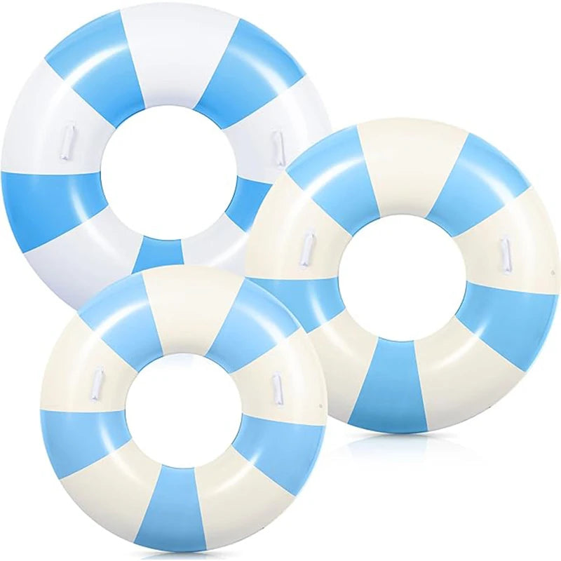 3 Pcs Summer Beach Swim Ring With Handles Set Inflatable Pool Inner Tube Classic Striped Pool Ring Floats for Adults Teens