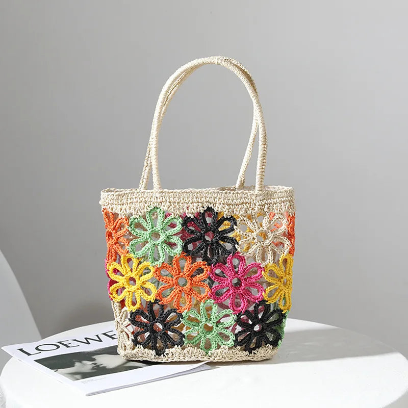 INS Style Summer Vacation Chic Hollow Carved Raffia Straw Beach Tote Bag Paper Straw Flower Woven Bag Women Handbag Straw Bag