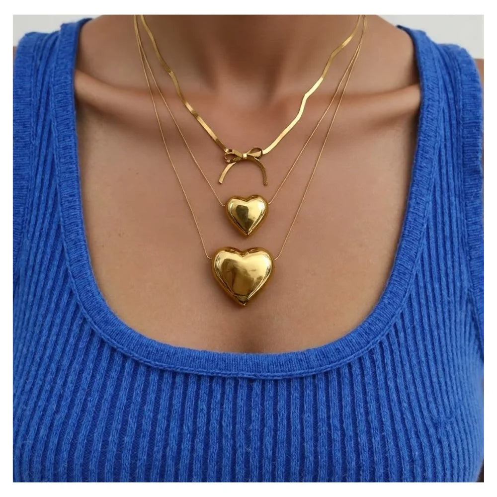 Gold Inoxidable Stainless Steel Waterproof Puffy Heart Pendant Necklace Flatsnake Chain Bowknot Necklaces Stackable Jewelry Set