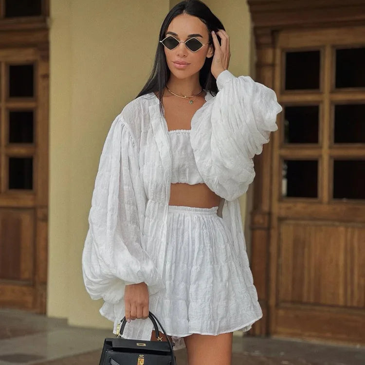 Wholesale 2026 Summer European and American New Long Sleeved White Shirt Loose Top High Waist Shorts Women's Set