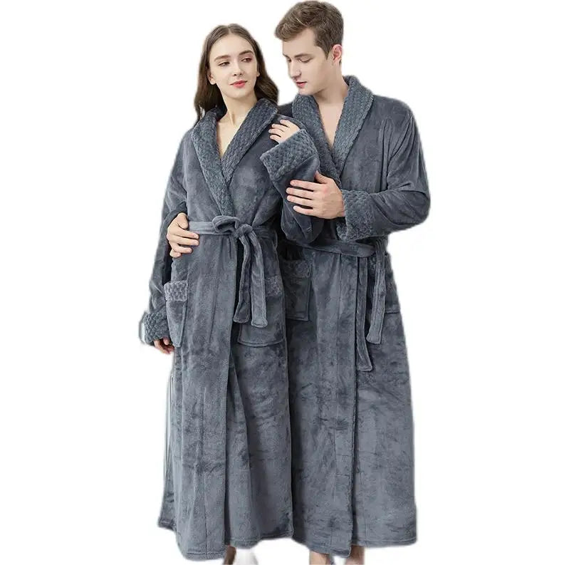 Men Grey Flannel Fleece Nightgown Thick Heavy Pajamas Large Size Fleece Bathrobe for Men