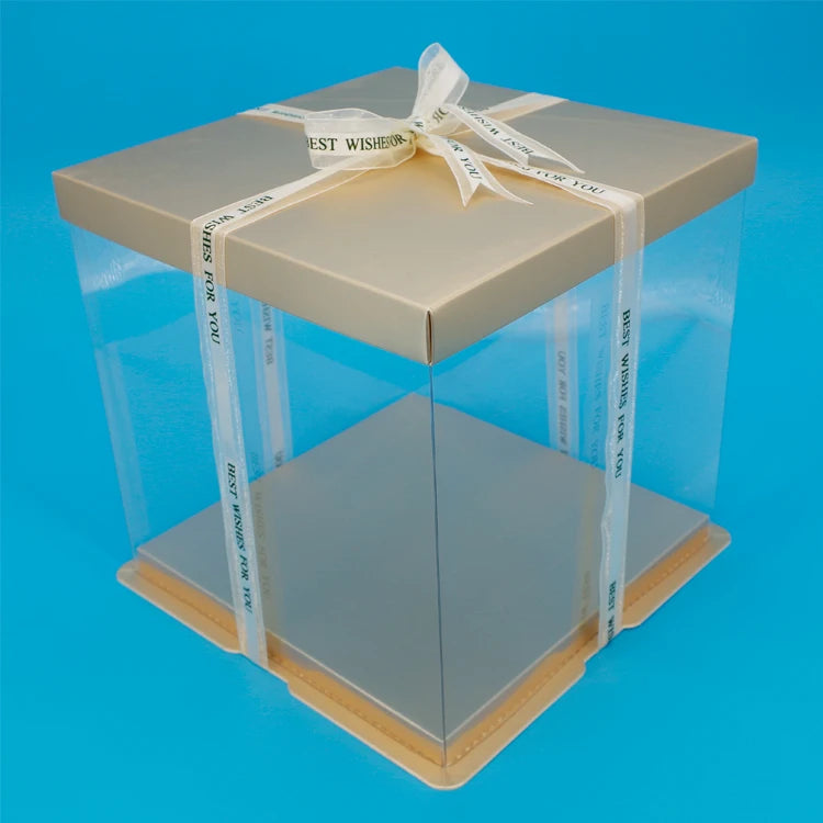10 Inch Light Gold Square Clear Cake Box Transparent Cake Shipping Box With Gold Lid and Tray for Bakery Packaging