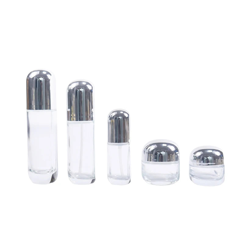 OEM/ODM Eco-Friendly 30G 50G 40ML 100ML 120ML Cosmetic Packaging Round Skin Care Lotion Glass Jar Silver Cap Spray Pump Bottle