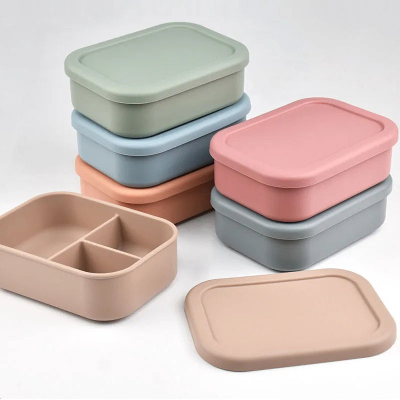 Reusable Unbreakable Silicone Bento Lunch Box Microwave Dishwasher Safe 3 Compartment Silicone Bento Box for Kids and Adult