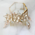 SLBRIDAL Gloden Handmade Opal Crystal Pearl Alloy Flower Bridal Hair Comb Hair Pin Set Wedding Hair Accessories Women Jewelry