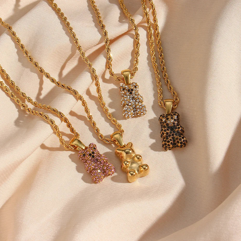 Fashion Personality Gold Plated Stainless Steel Twisted Rope Chain Necklace Bling Cubic Zirconia Cz Bear Pendant Necklace