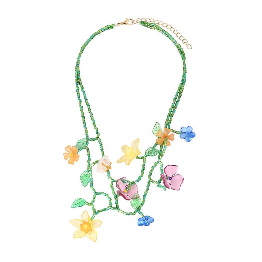 2022 Wholesale Vacation Multi-layered Handmade Woven Floral Collar Chain Fresh Beaded Floral Necklace for Women Girls