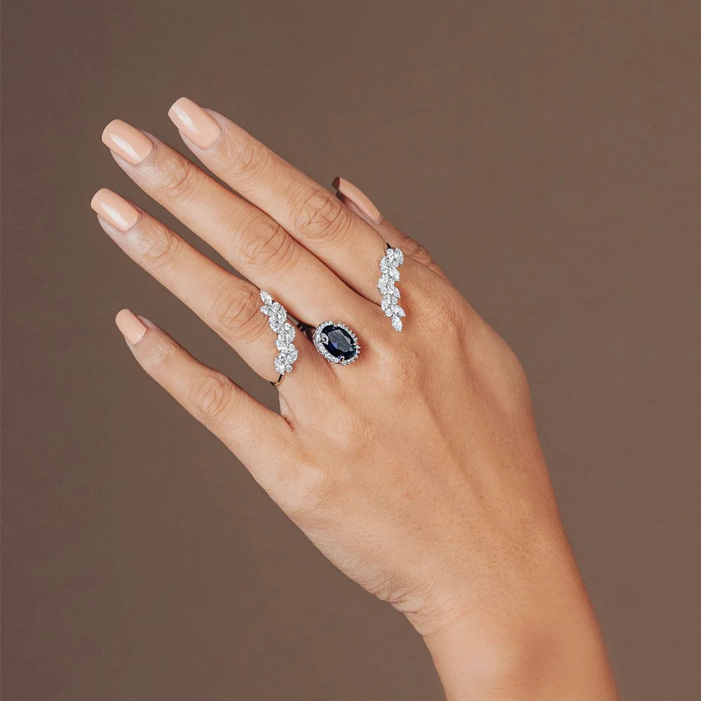 New Women Bride Luxury Jewelry Fashion Cubic Zircon Blue Adjustable Leaf Two Finger Rings