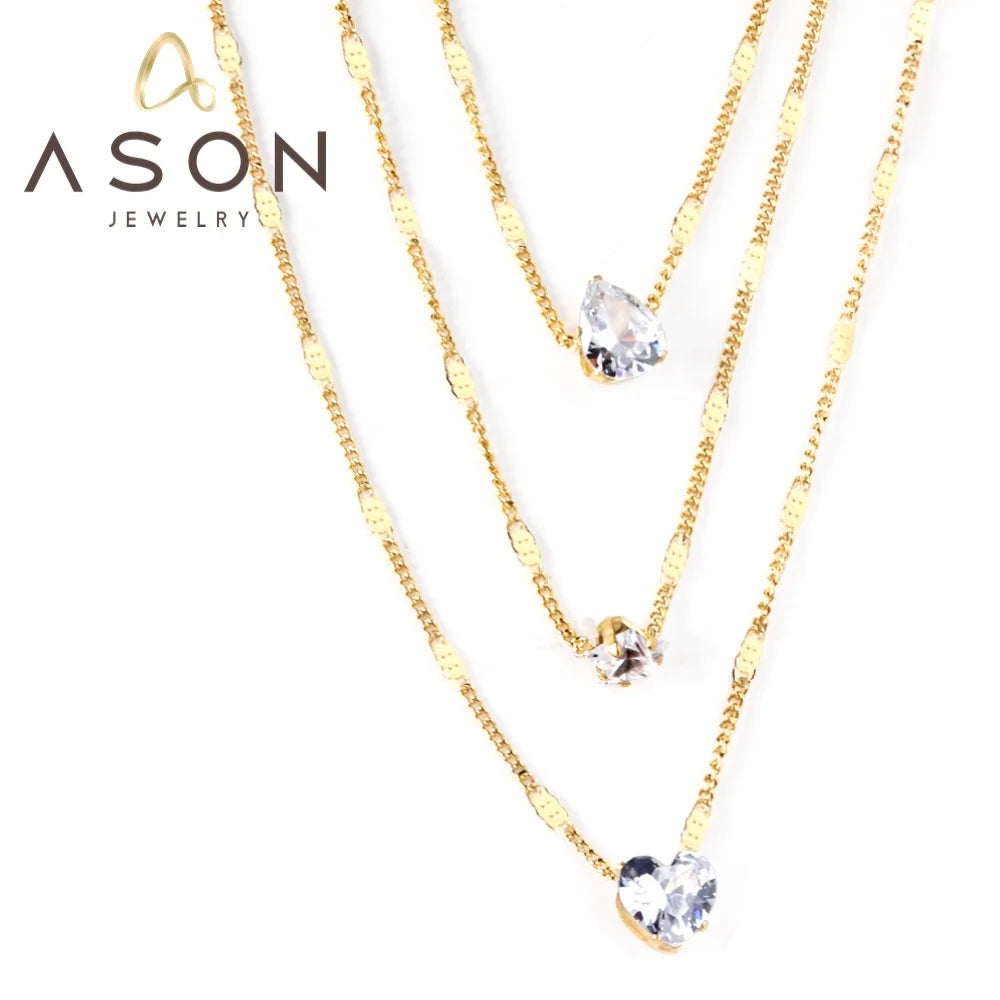 Ason Fashion 3 Tier Water Drop Star Heart Zircon Necklace Gold Plated Women Jewelry Pendant Necklace