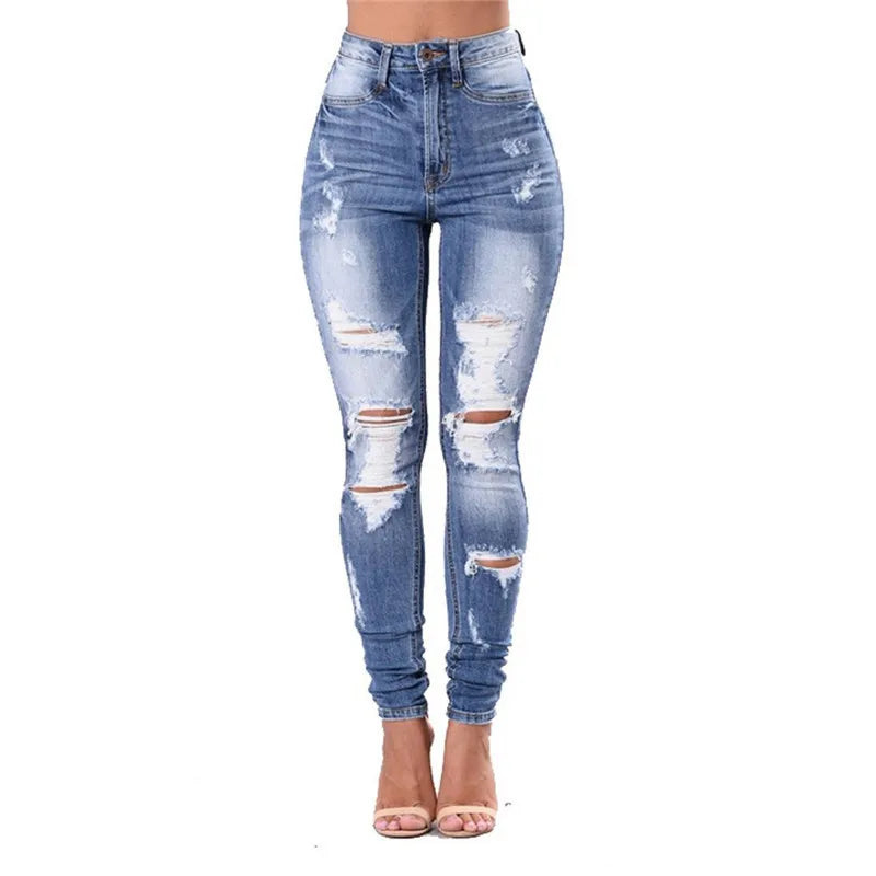 European Hot Style Torn Leg Worn Jeans Stretch Tight Skinny Panty Pants Woman