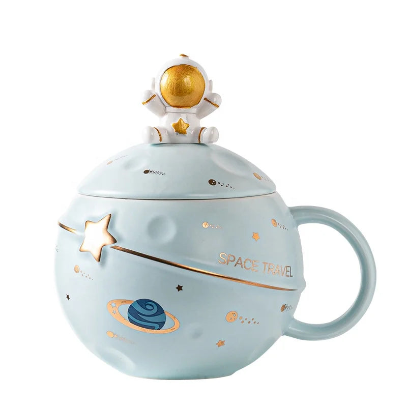 Madou Wholesale 12oz 400ml Safe Modern Creative Cute Cartoon HANDGRIP Bone China Spaceman Coffee Mug with Spoon Cup