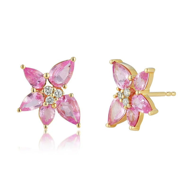 Milskye S925 Luxury Girl Gold Plated Teardrop pink Gem Diamond Trio Cluster Earrings