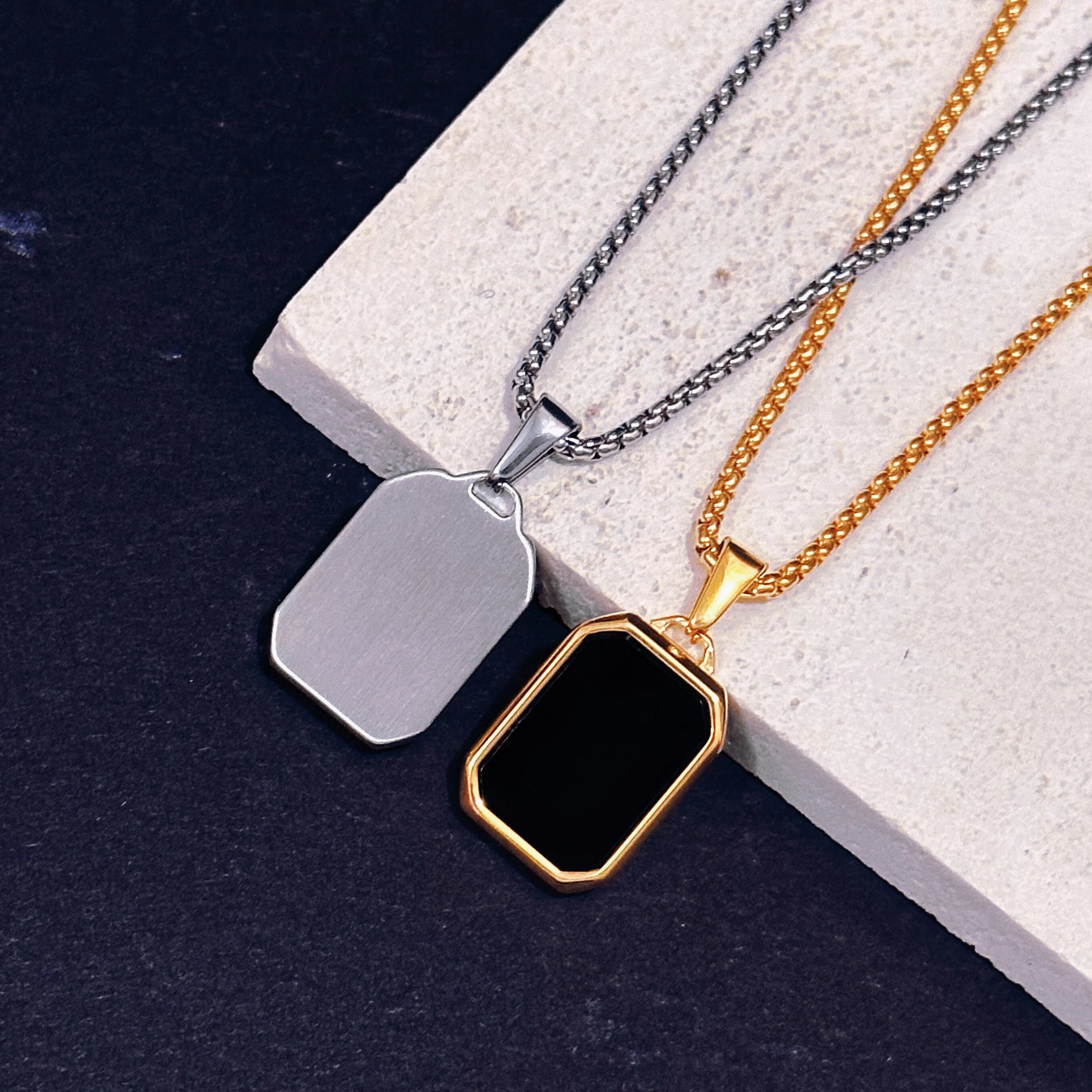 Vintage Men Stone Necklaces Jewelry Non Tarnish Square Black Onyx Pendant Stainless Steel 18k Gold Turquoise Gemstones Necklace