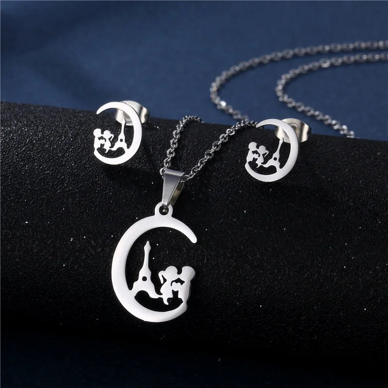 Stainless Steel Jewelry Couple Kiss Necklace Earrings Set Boy Girl Kiss Necklace Female Women
