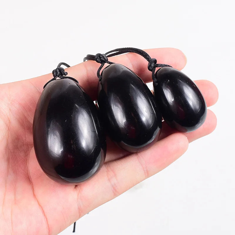 Huiying Hot Sales for Vaginal Exercise Polished Yoni Eggs Shape Wholesale Natural Black Obsidian Yoni Eggs Set for Women